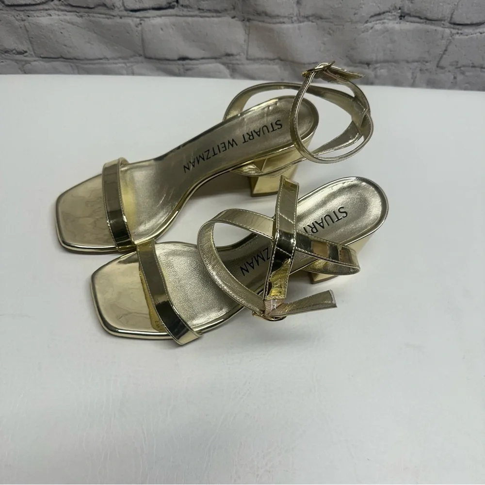 Stuart Weitzman Metallic Gold Block Heel Sandals Sz 7.5